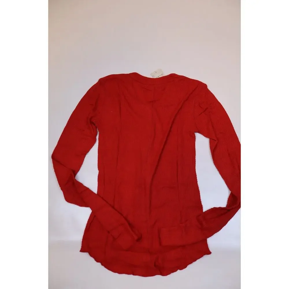 NEW Free People Going Places Red Button Up Slim Waflle Knit Cardigan Top Size L - Picture 3 of 5